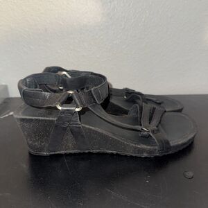 Teva Cork Strappy Wedge Black Leather Sandals Women’s Sz 9 S/N 1015119